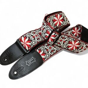 Levy's Guitar Strap Hootenanny Red White Black Embroidered Floral Leather Ends